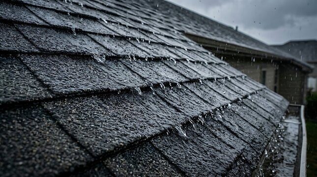 Heavy Rain Falling on Dark Asphalt Shingles of a Residential Roof with Visible Water Droplets and Gutter on a Gloomy Day