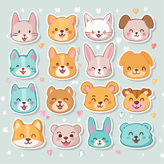 Fototapeta premium Set of Colorful Kawaii Animal Face Stickers Featuring Cute Pets and Forest Creatures for Kids Designs