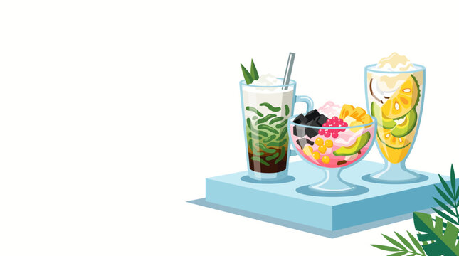 Traditional Indonesian Dessert Illustration Collection Cendol Mixed Ice and Tropical Fruit Juice in Flat Design Style Isolated on White Background