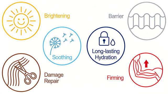 The icons of sun, dandelion, and lock shaped water droplets represent the skin care effects of brightening and soothing, long-lasting water locking, and strong barrier tightening and repairing.
