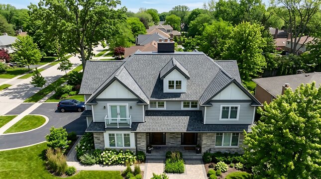 Aerial View: Modern Suburban Luxury Home with Elegant Architecture, Manicured Landscaping, and Stone Accents on a Sunny Day