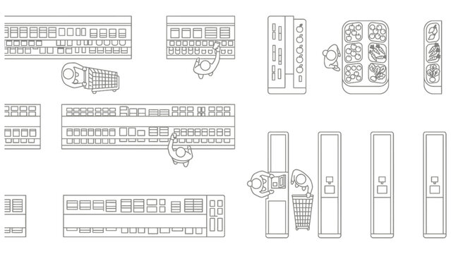 Top view line illustration of supermarket shopping scene with customers, carts and product aisles,
 checkout and grocery layout in clean minimal architectural outline style
