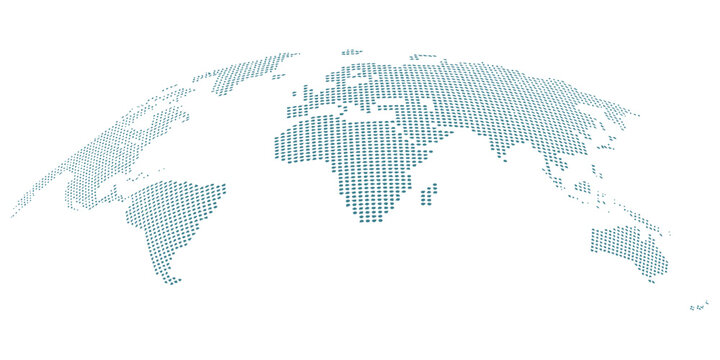 World map earth globe with dot pattern, modern 3d worldwide icon, digital halftone pixel texture, isolated global map, international business communication travel concept.