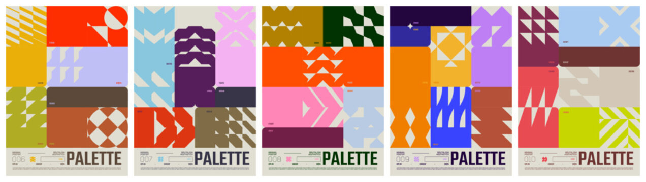 Colour palette abstract postmodern composition with geometric shape in brutalism aesthetics, trendy different combined colors with codes, Avant-garde poster A4, distortion geo ornament kit 2