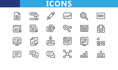 Naklejka premium Modern flat line icons collection for business technology and communication needs