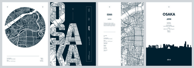 Fototapeta premium Set of travel posters design with street plan Osaka, city in the Kansai region of Honshu in Japan, Silhouette city skyline, vector artwork, Monochrome printable detailed urban city map