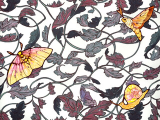 Graphic background of abstract flower and leaves illustration. Floral and foliage theme in purple and white color, with orange butterfly. For wallpaper, fabric, upholstery. Seamless background texture © TMR Studio