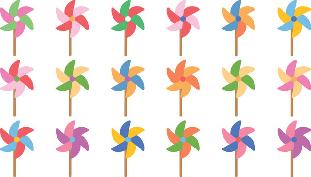 Colorful Pinwheel Windmill Icon Set with Multiple Color Variations for Kids, Party, Summer, and Decoration Design Elements