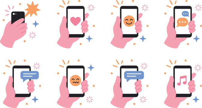 Smartphone Icons Illustration Featuring Digital Communication and Emoji Symbols in Colorful Vector Artwork