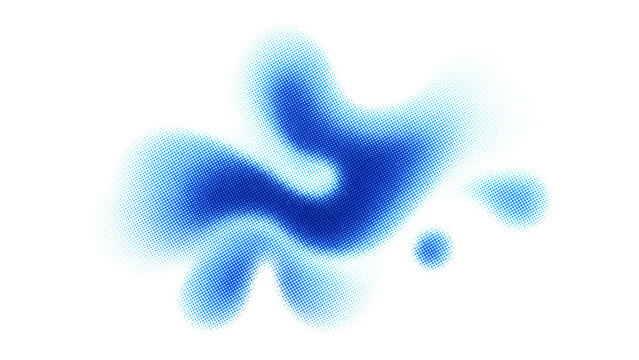 Blue liquid blob shape made of halftone dots. Abstract ink splatter with gradient pattern. Vector illustration element for modern digital design, art and creative graphic background.