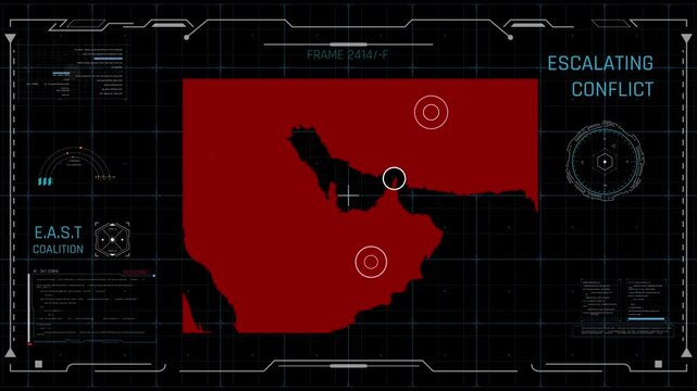 Futuristic 2D motion graphics HUD interface featuring a digital map of the Strait of Hormuz. High-tech surveillance aesthetic with data markers, pulsating alerts, and shipping lane highlights. 