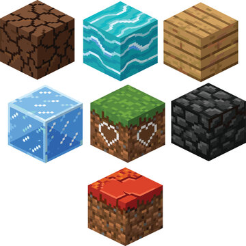 Collection of seven cube textured blocks featuring cracked earth, water, wood planks, ice, grass, stone, and lava dirt designs