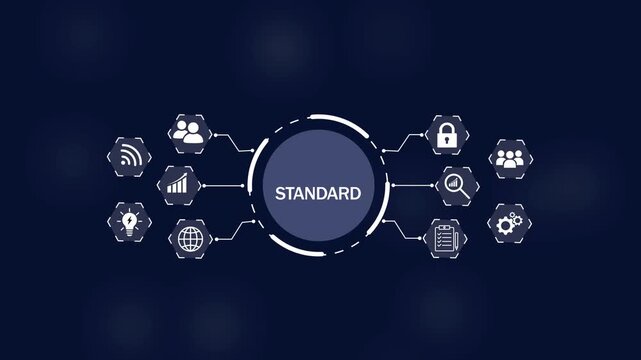 Central circular hub labeled STANDARD connected to surrounding hexagonal representing business analytics on Black Background and features 4k Animation video