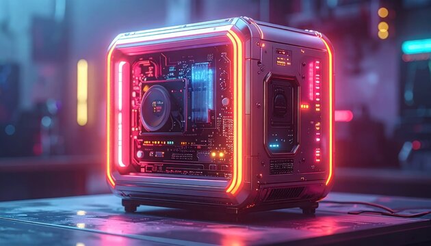 Futuristic Neon-Lit Desktop Computer Case with Internal Components Visible.