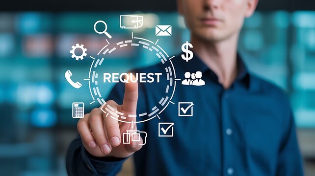 Businessman holding request button for online application and service concept