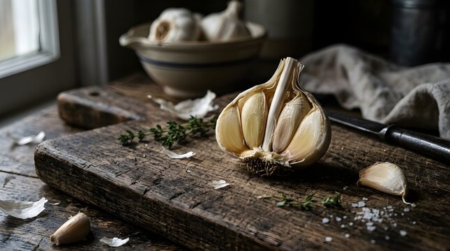 Garlic bulb on a rustic wooden cutting board with herbs and salt