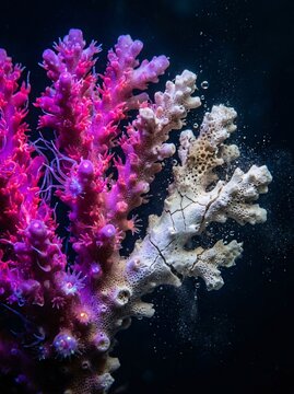 Ocean acidification and climate risk concept featuring vibrant pink coral structure transitioning into cracked dead skeleton