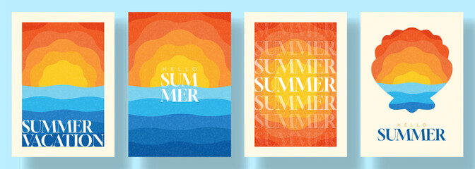 Trendy abstract summer card set. Vector covers design with sun on blue wavy background and sea waves at sunset. Minimalist summer posters for vacation and travel design, branding, ads, banners.