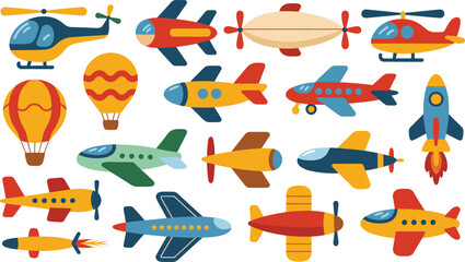 Colorful Cartoon Kids Aircraft and Aviation Icon Set with Planes, Helicopters, Rockets, and Hot Air Balloons for Design © AFRUZA
