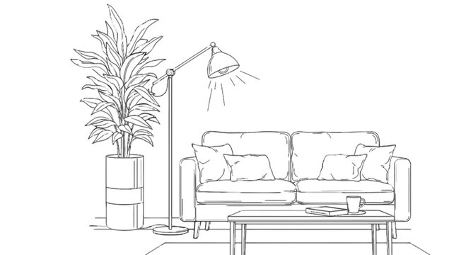 Line drawing of sofa with plant and lamp isolated on transparent background, Vector