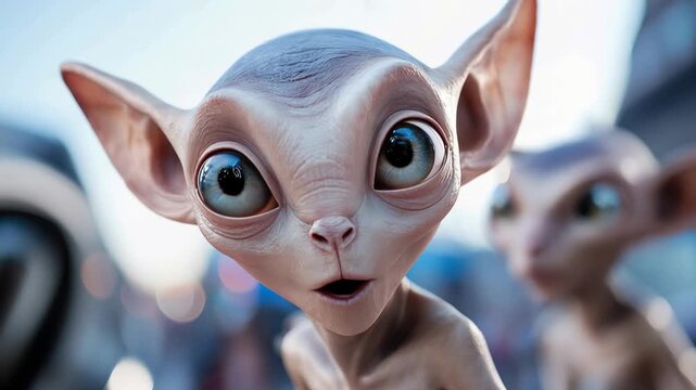 UFO Day. Extraterrestrial creature with large eyes and ears gazes directly, representing concepts of alien encounter, space exploration, and the mystery of life beyond Earth