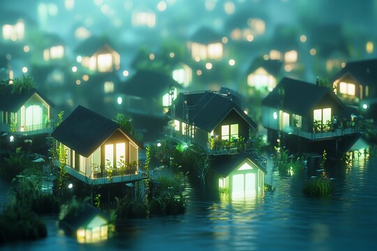 Eco homes submerged underwater in a misty cityscape at dusk