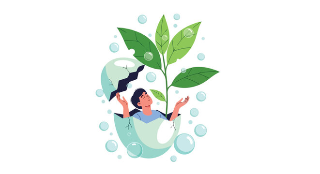 A man emerges from a cracked blue eggshell alongside a growing green sprout, surrounded by floating bubbles in this flat vector illustration.
