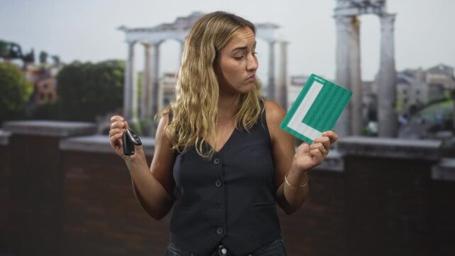 Woman holding car key and learner plate on building terrace, shrugging with puzzled expression; frustration uncertainty.