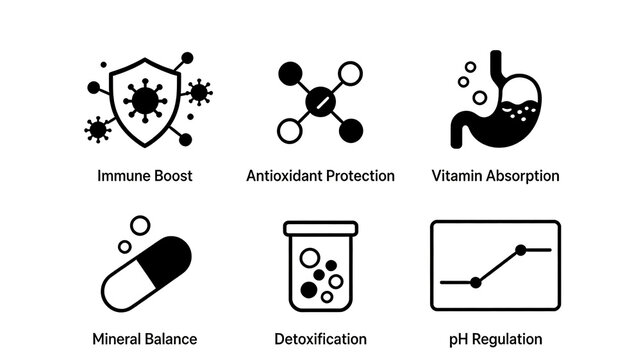 Immune shield, gastrointestinal, capsule and other health icons represent the body care concept of health products that enhance immunity, regulate detoxification, balance acidity and alkalinity.
