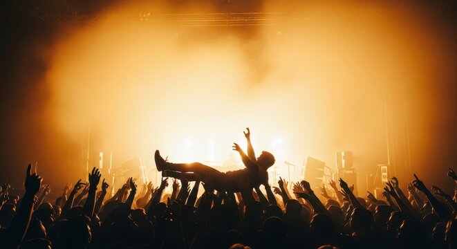 Excited audience enjoys a rock concert with a fan crowd surfing in the foreground.