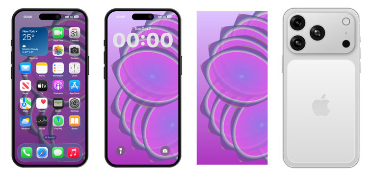 Realistic detailed Apple Iphone 17 Pro IU mockup with wallpaper Set. iOS 26, liquid grass 2026 full template design. Vector editorial illustration
