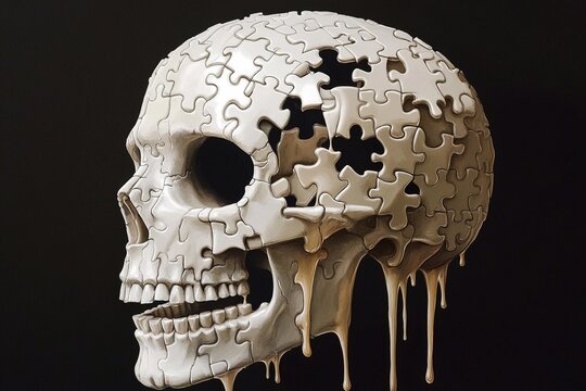 Melting puzzle skull with dripping pieces resembling flowing water