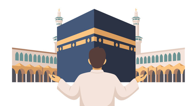 Muslim pilgrim performs hajj rituals in front of Kaaba, Mecca's sacred cube structure with minarets and arches in a serene environment.