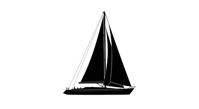 Sailboat on water with black sails isolated on transparent background, Vector