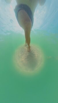 Vertical video. Man Walking Underwater On Sandy Bottom, Feet Stirring Sand Clouds, Clear Tropical Water With Sunlight Above, Wide Angle Underwater Perspective