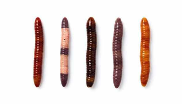 A vibrant and intriguing close-up studio shot showcasing a diverse collection of five segmented earthworms, each exhibiting unique color variations on a clean white background, emphasizing their natur