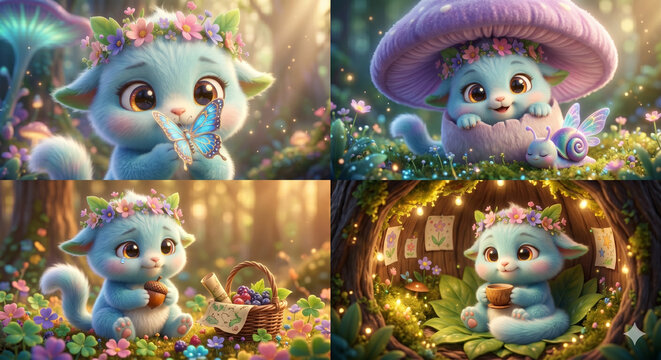 Cute fluffy blue fantasy creature smiling