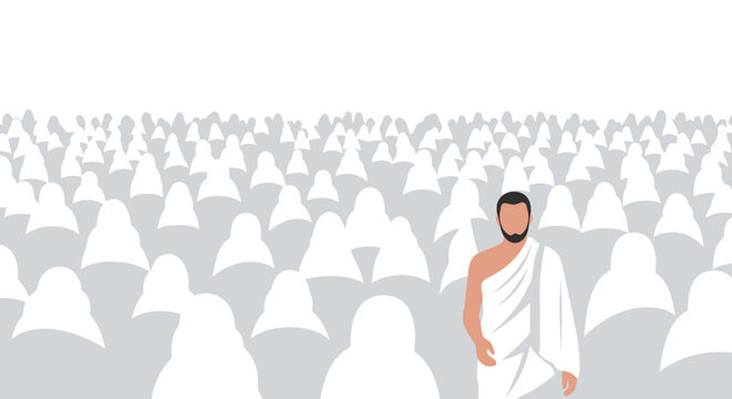 Man in white Ihram standing among crowds of people performing hajj rituals in Mecca, Saudi Arabia, during daytime.