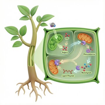 Diagram illustrating the biological process of photosynthesis within a plant cell, showing the conversion of carbon dioxide and water into sugars and lignin precursors