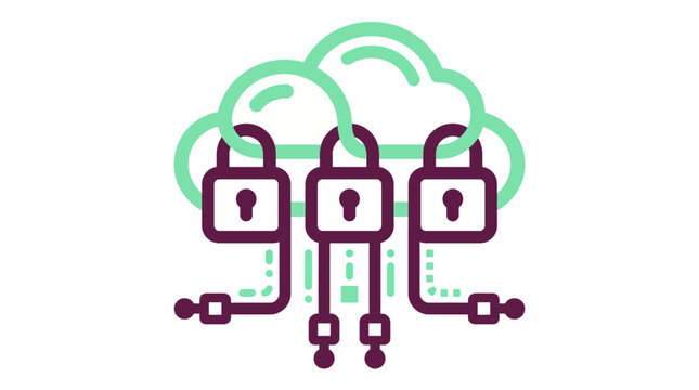 Digital cloud computing security concept with multiple padlocks linked to a secure server network, symbolizing robust data protection and privacy in a connected online environment