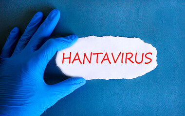 Hantavirus medical words symbol. Concept words Hantavirus on beautiful white paper. Beautiful blue background. Doctor hand. Blue glove. Medical Hantavirus concept. Copy space.