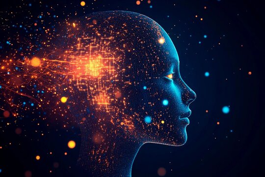 Glowing pixelized face with vibrant colors and digital effects depicting an abstract human figure in a creative concept
