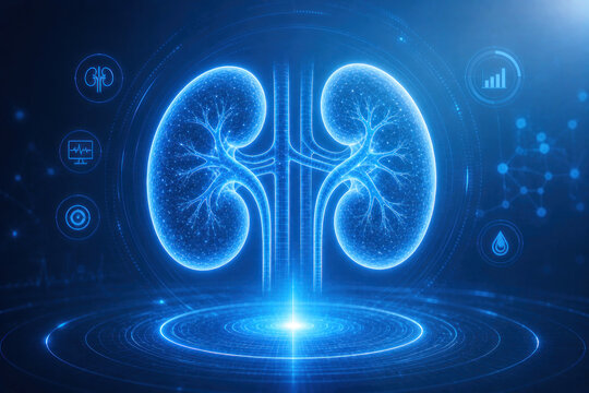Futuristic Human Kidneys with Digital Interface &ndash; Advanced Renal Healthcare and Medical Technology Concept
