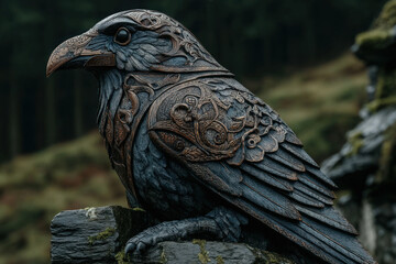 Fototapeta premium Ornate Raven Sculpture with Celtic Engraving – Mystical Forest Fantasy Artwork