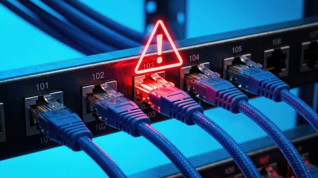 Network server switch with a glowing red warning alert icon