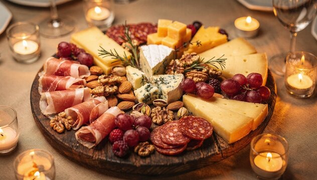 Elegant Charcuterie Board with Assorted Gourmet Cheeses, Cured Meats, Fresh Grapes, Nuts, and Herbs for a Festive Dinner Party or Romantic Evening