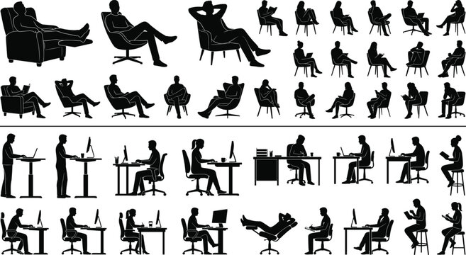 Large Set of Vector Silhouettes Featuring People Relaxing in Armchairs and Working at Office Desks in Various Poses