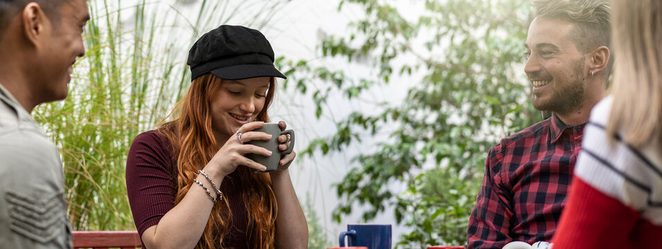 Horizontal banner or template with people group drinking latte at coffee bar garden - Friends having fun together at hostel dehors - Lifestyle concept with happy guys and girls at open air cafe