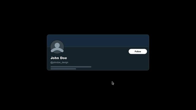 Social media follow button animation, profile card with user avatar and follow icon, digital marketing interface element on black background