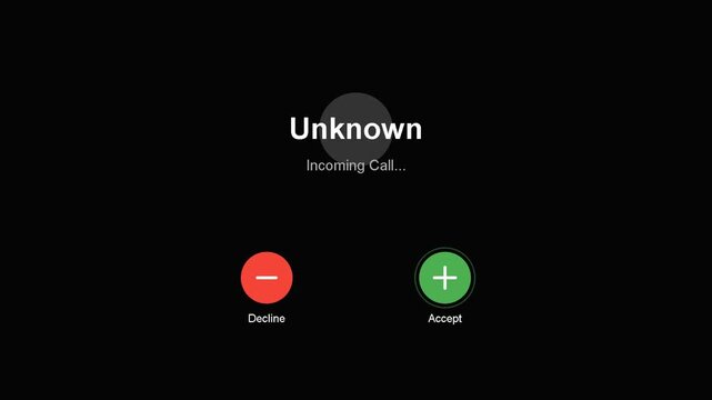Incoming call interface on black background, unknown caller phone screen with accept and decline buttons, digital smartphone communication display
